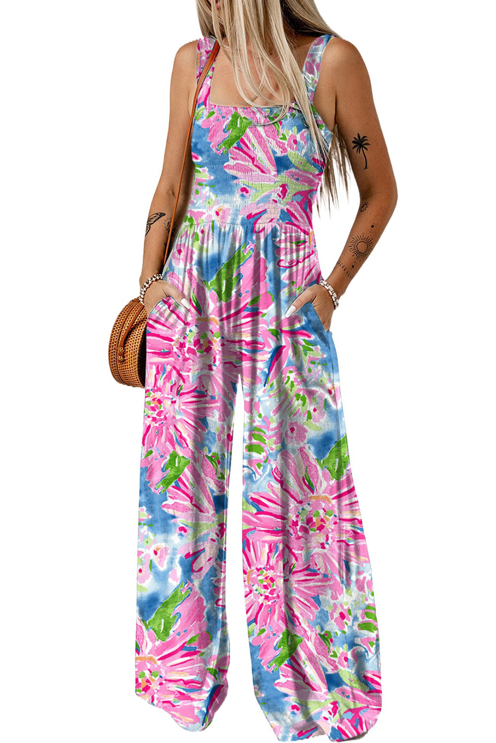 Pink Abstract Floral Painting Smocked Wide Leg Jumpsuit