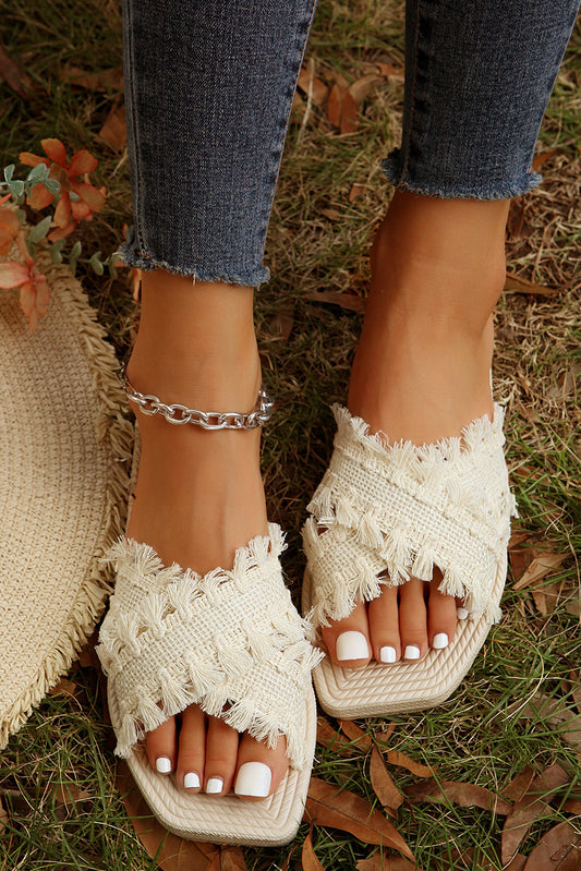 Beige Tassel Woven Crossed Straps Flat Sandals