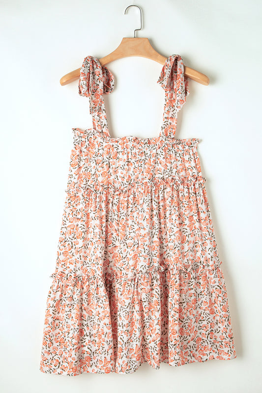 Orange Floral Knotted Straps Tiered Babydoll Dress