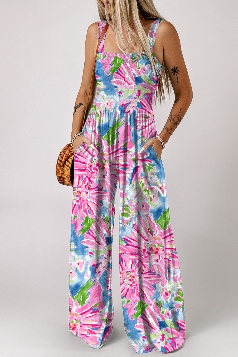 Pink Abstract Floral Painting Smocked Wide Leg Jumpsuit