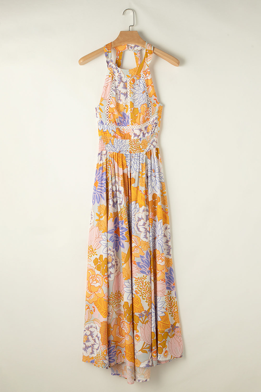 Orange Boho Floral Backless Lace up Sleeveless Maxi Dress