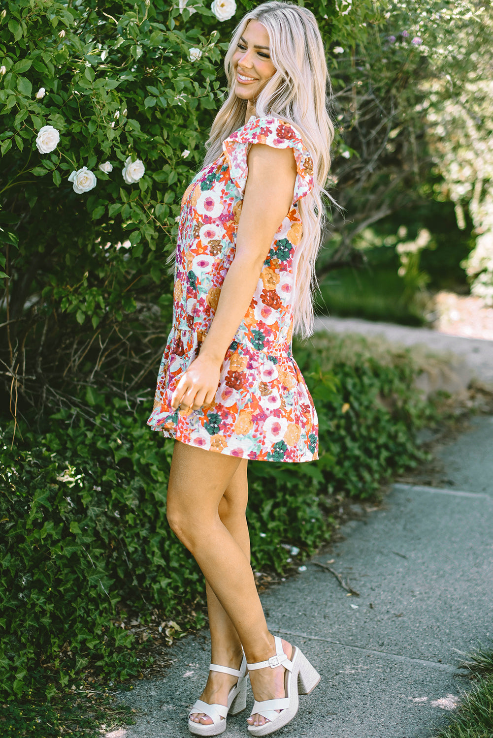 Purple Floral Print Split Neck Flutter Sleeve Dress