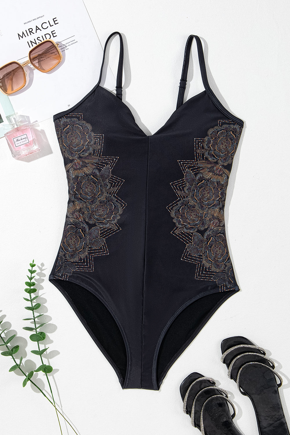 Black Petal Print Crisscross Back Spaghetti Straps Swimsuit