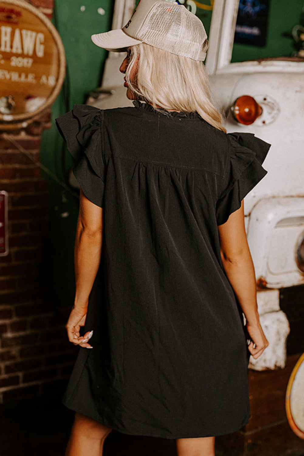 Black Ruffle Sleeve V Neck Frilled Shift Dress