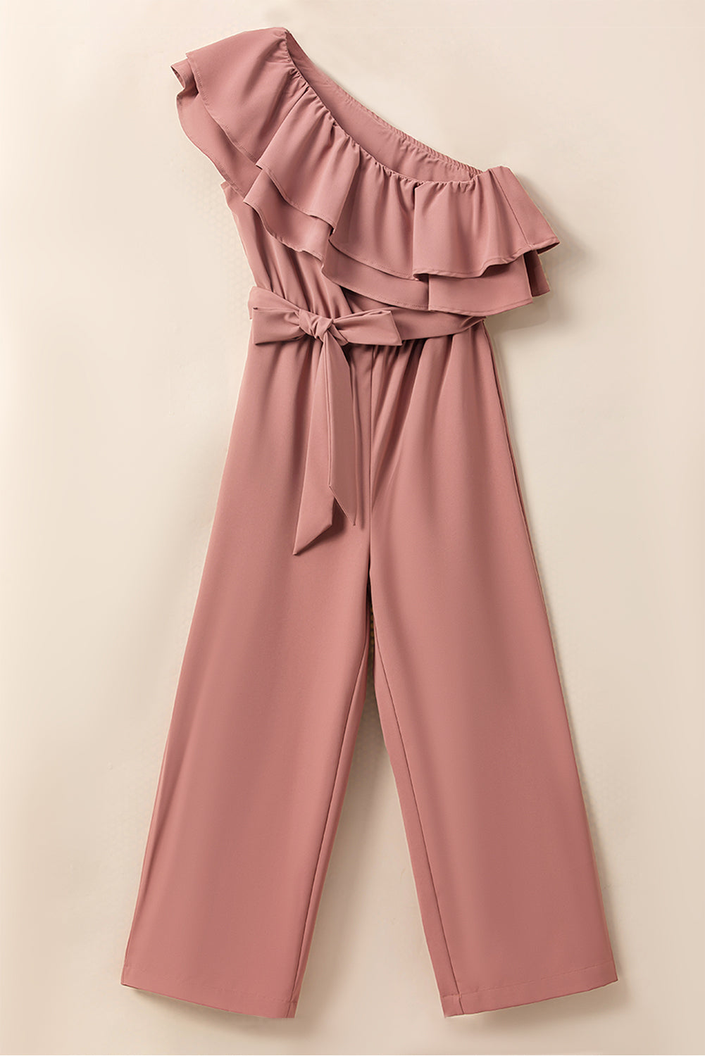 Dusty Pink One Shoulder Ruffle Trim Belted Jumpsuit