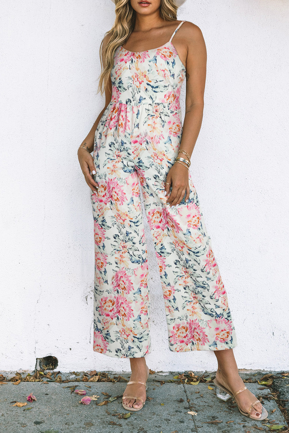 White Floral Spaghetti Straps Wide Leg Jumpsuit