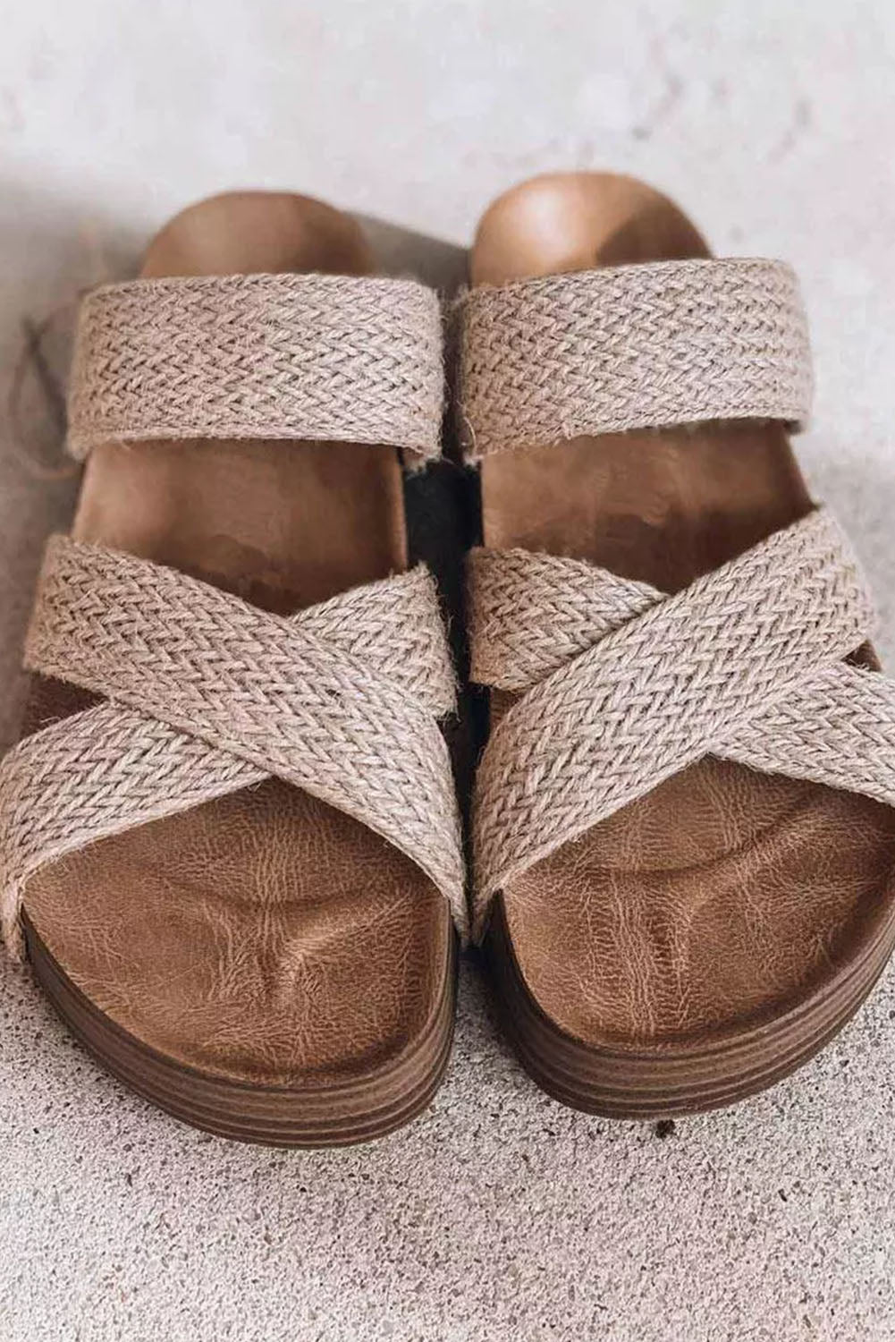 Beige Woven Cross Criss Hollowed Slip-On Sandals